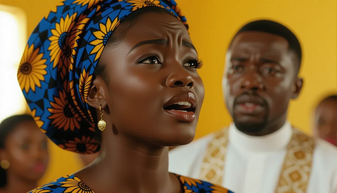 Close-up of African teenage girl (Chinaza, 18) glowing warmly while singing in Nigerian church. African pastor (Malachai, dark skin) in back...