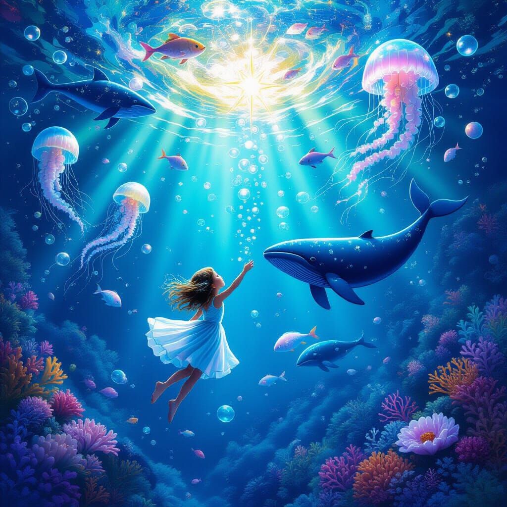 Title: "Ocean Upside Down"

Scene Description:

You look at the underwater world... but everything is upside down.

At the bottom of the oce...