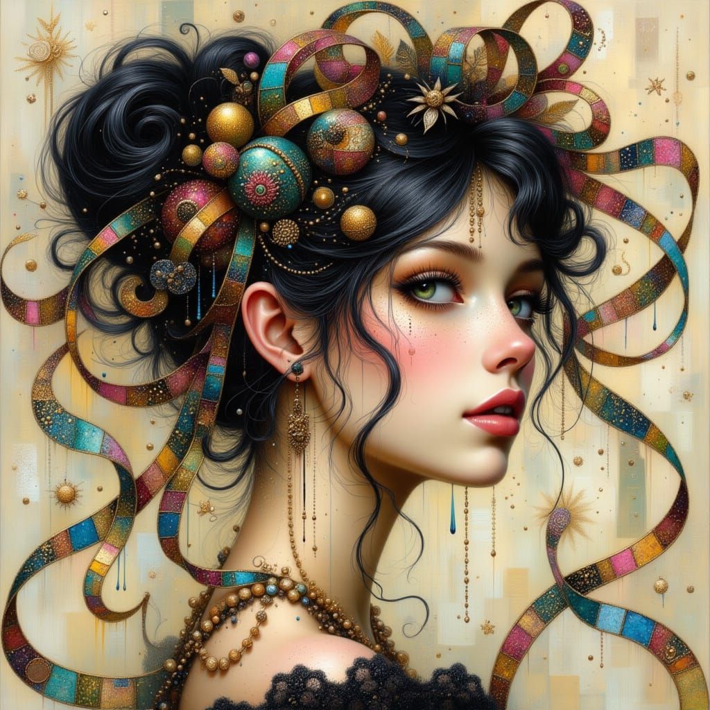 Portrait of a beautiful woman with pale skin and honey-colored eyes. She is in profile. Her black hair is styled in a high bun with many wid...