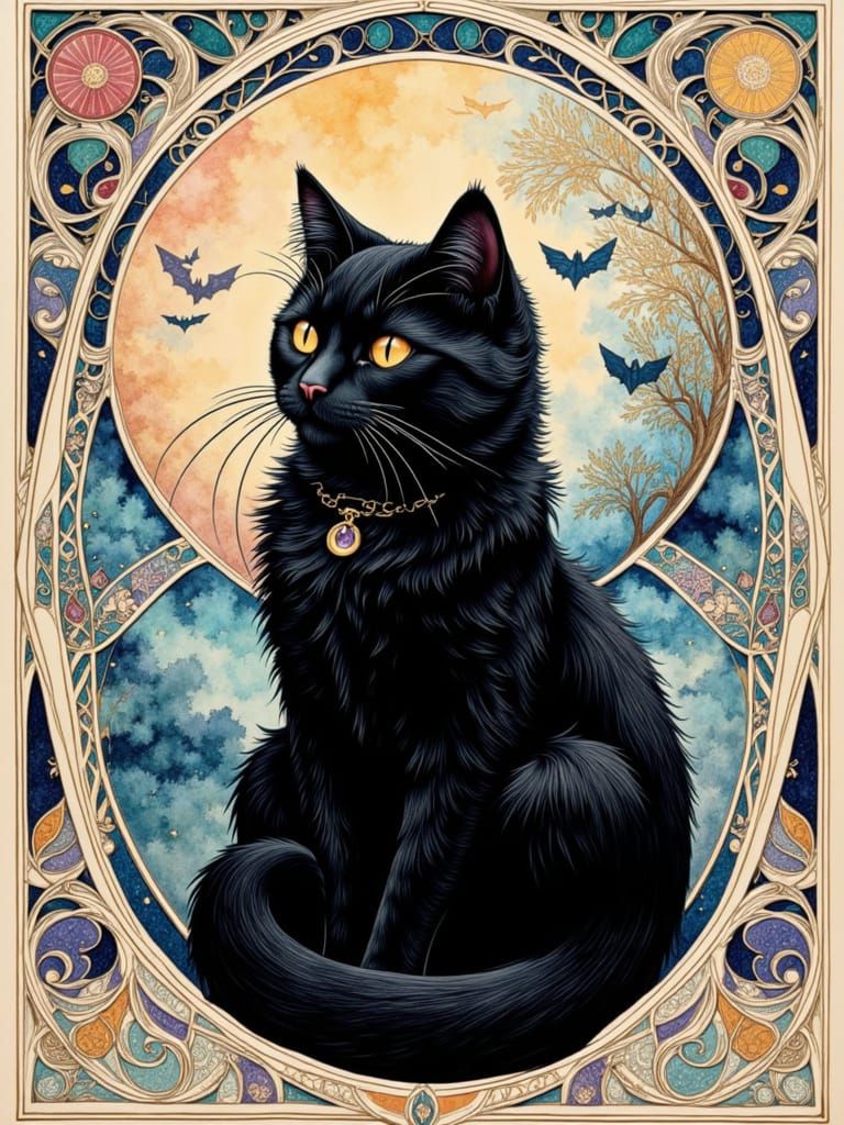 <lora:Catphonse Meowcha:1.0> <lora:Catphonse Moewcha:1.0> Stylized full body image of a small cute jet black cat, highly detailed, painted i...