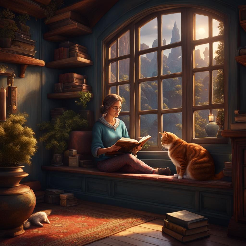 A woman reading a book in a cozy window seat with a cat curl...