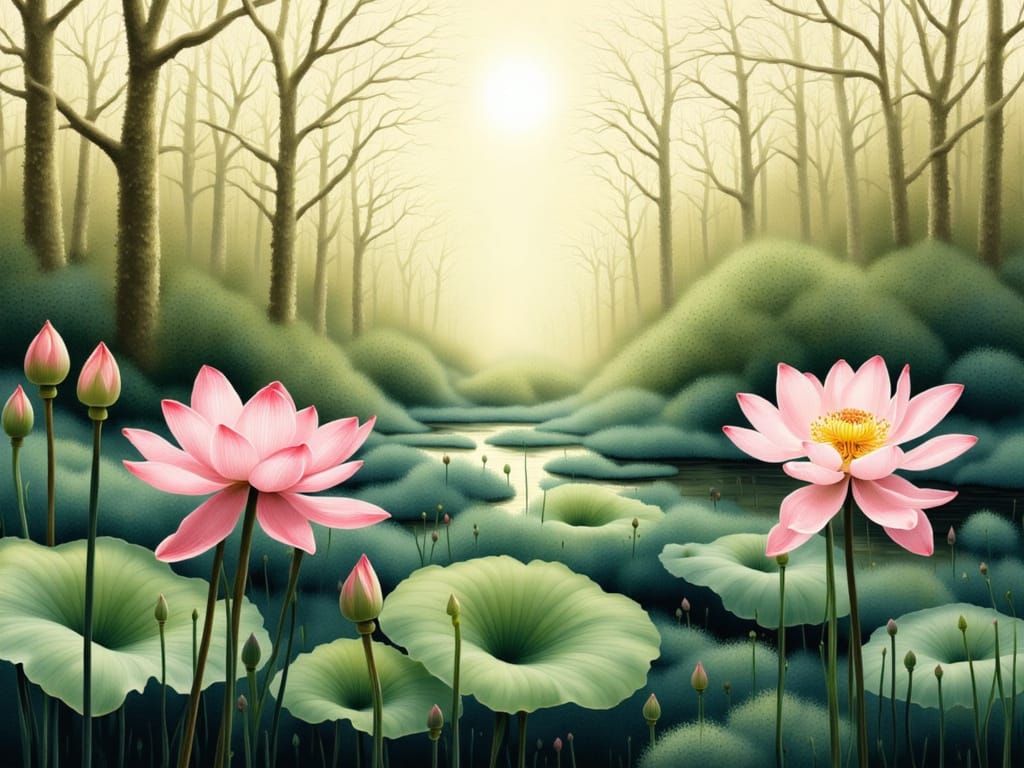 Lotus flowers in the dew, gold-leaf impasto porcelain oil painting . The painting features heavy palette knife textures with thick, textured...