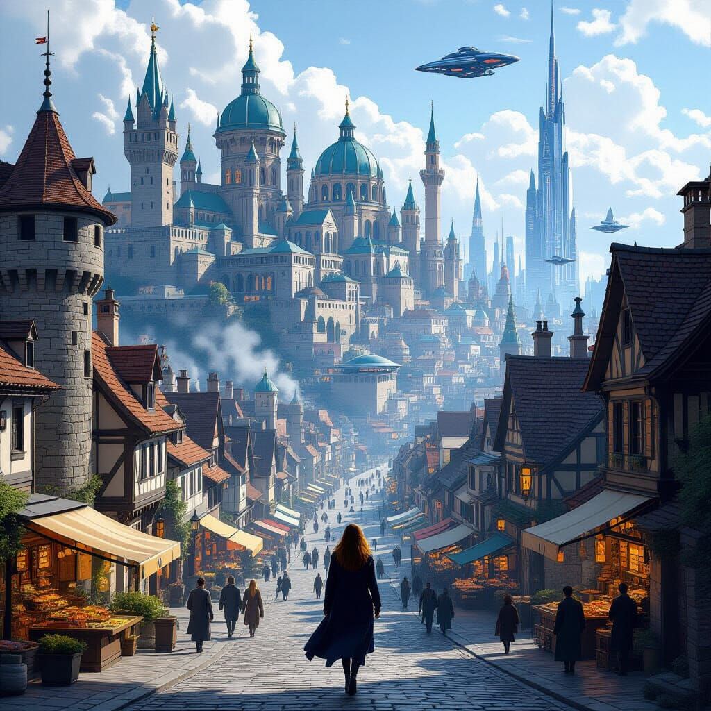 A panoramic masterpiece showing the evolution of a city through time, scrolling seamlessly from left to right. On the far left: a medieval c...