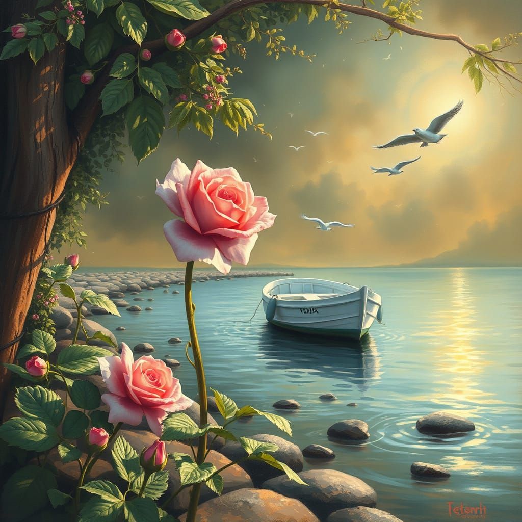 White Boat Docked by Blooming Rose on New Year's Day