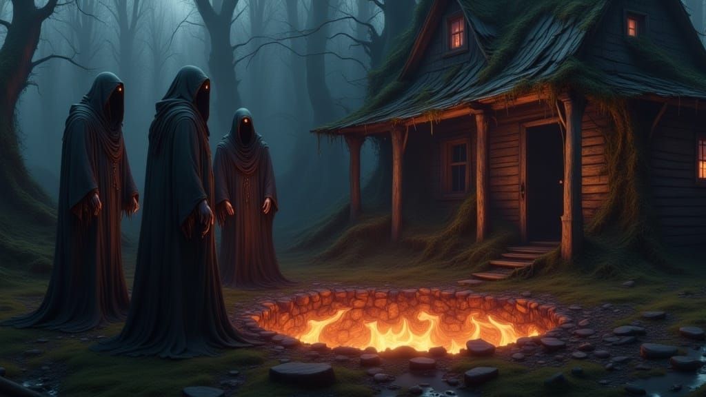 dark robed figures surrounding a hell hole in the ground outside an old creepy cabin <lora:Mystic Woods:1.0> 