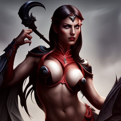 beautiful muscular devil girl with large bust, bodice exposi...