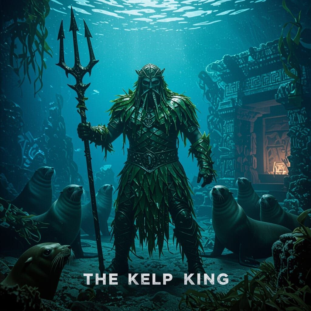 A supervillain named "The Kelp King", clad in seaweed armor and wielding a trident made of coral, commands ...  by @Dorian