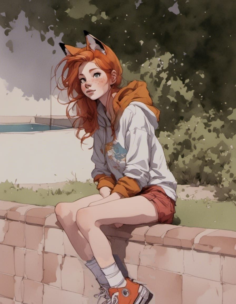 Fox-girl VIXEN sitting on edge of an empty swimming pool.