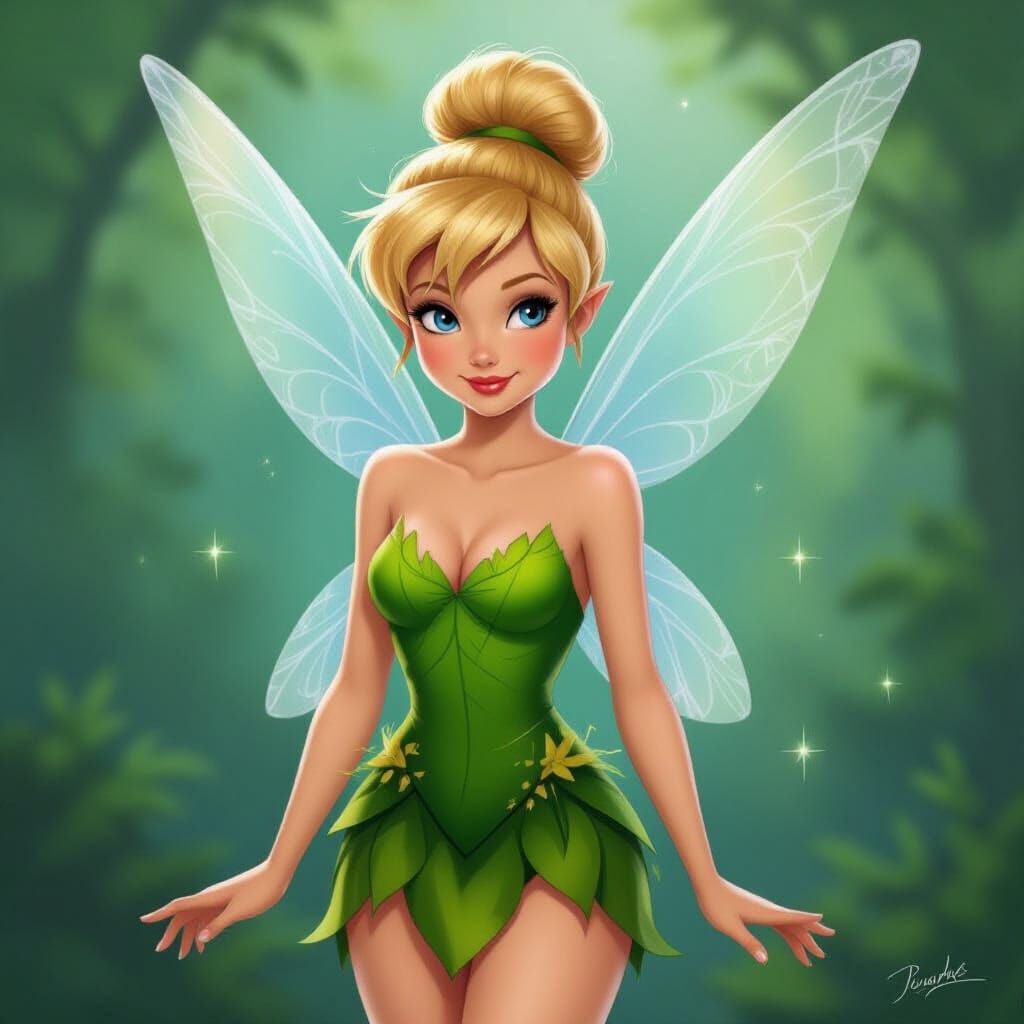 A surreal scene of Tinkerbell, rendered in a hyperrealistic digital painting style, but with a dark, gothic twist. She hovers near a massive...