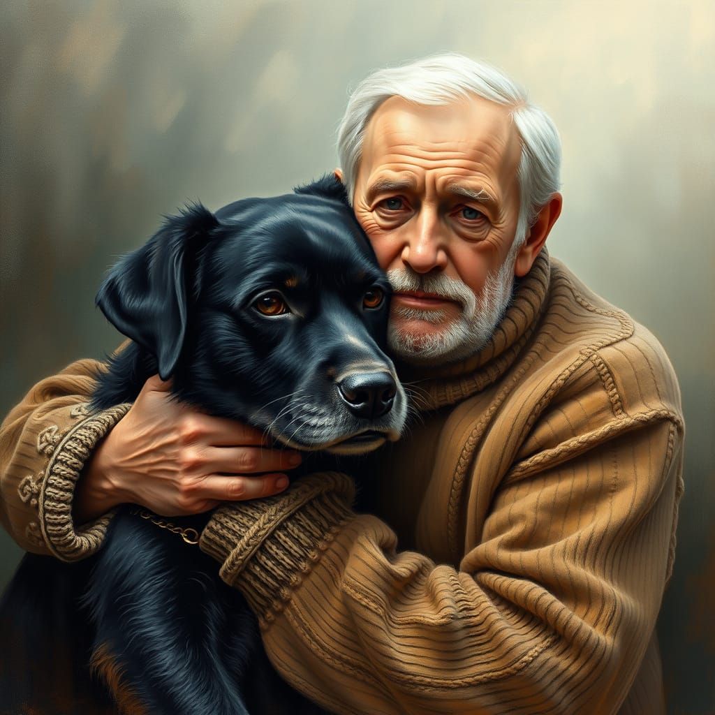 An elderly man cuddling an old black dog, it's muzzle and eyebrows grizzled with grey, its eyes cloudy ...  by @AlisonM