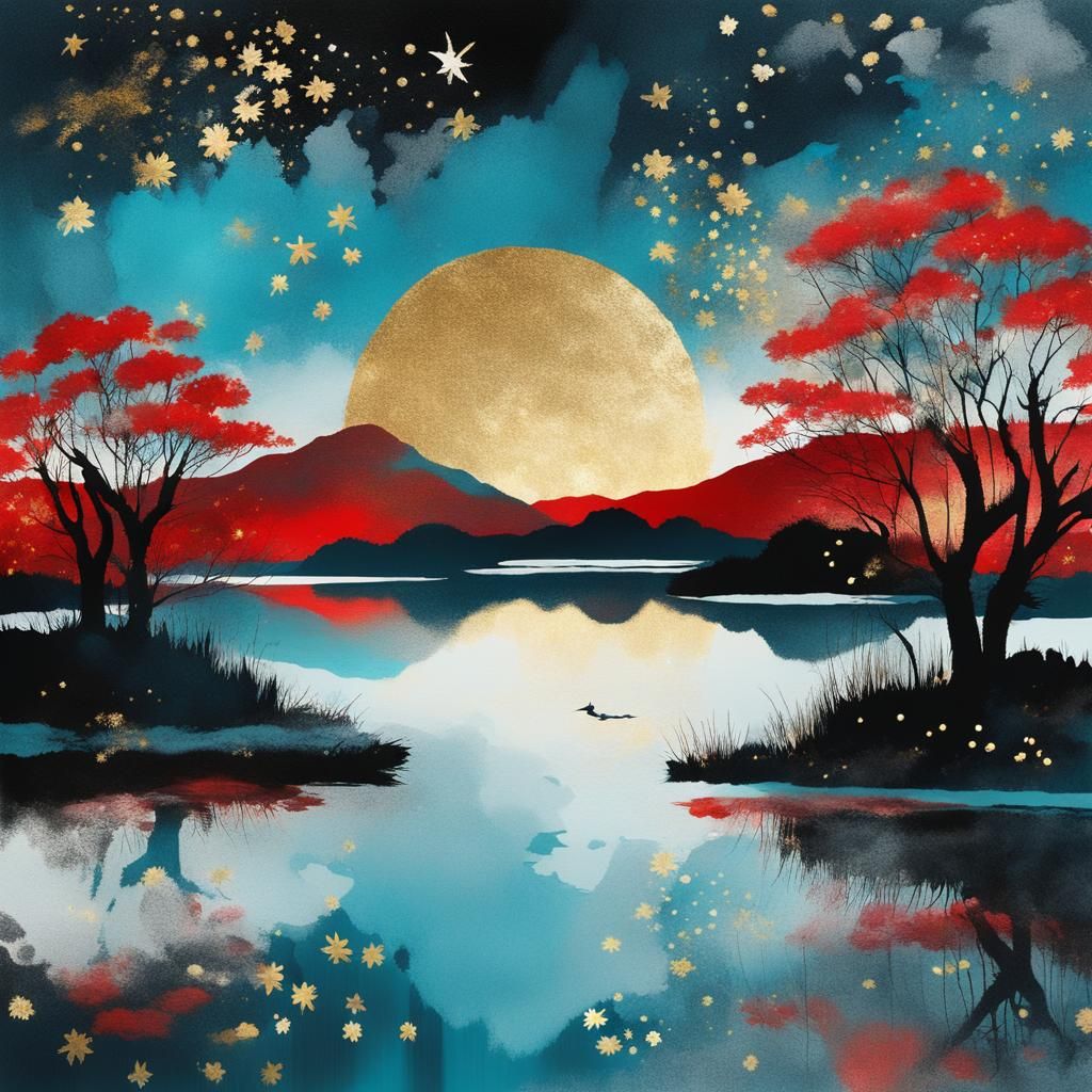Starry Night Lake: Japanese Illustration with Gold Foil