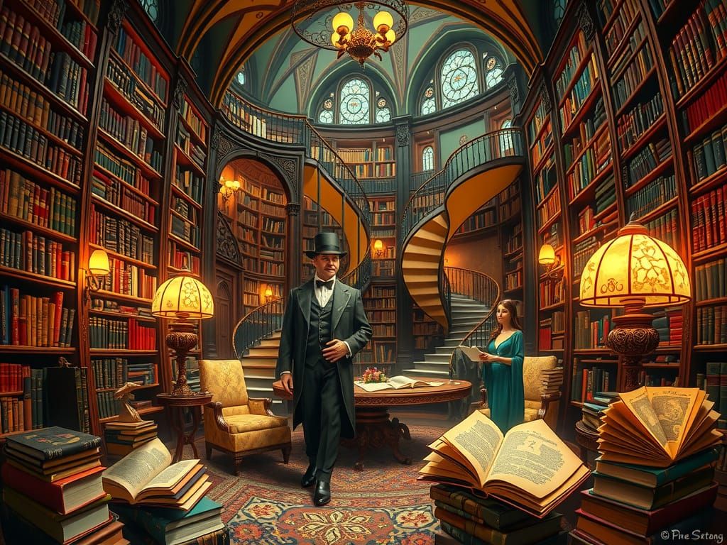 Characters from Bronte sisters and Dickens' novels inhabit a library  by @Jin