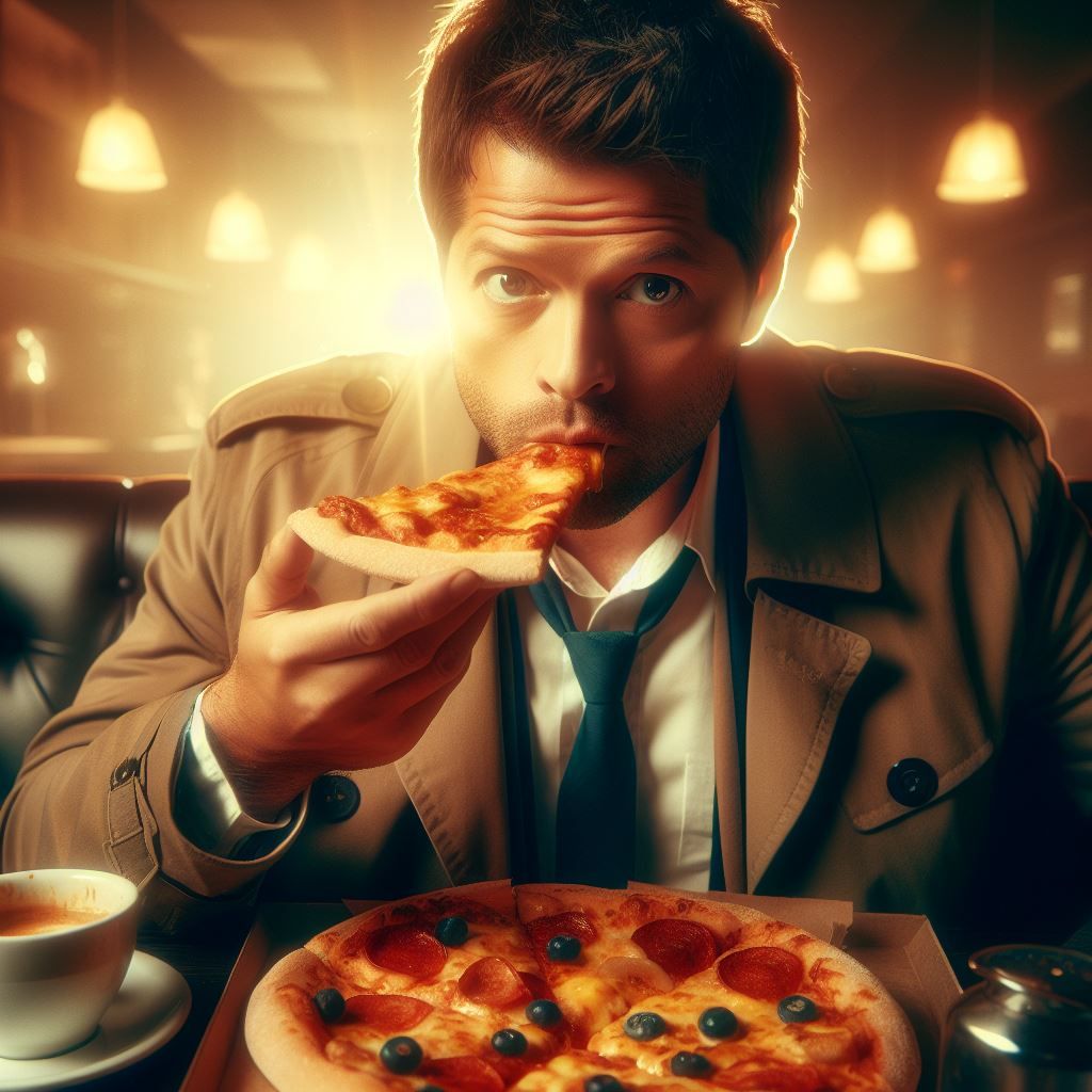 Castiel eating a pizza
