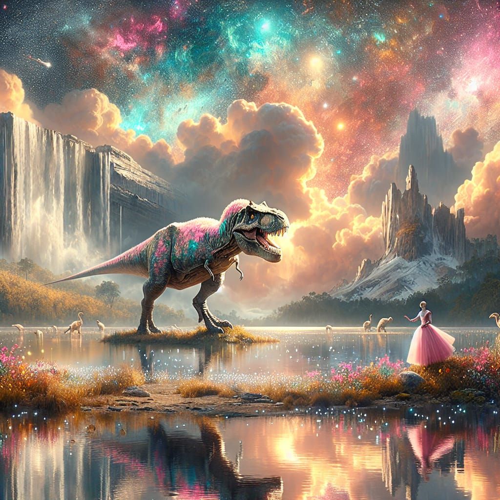 Tyrannosaurus rex in a tutu dancing beside a lake