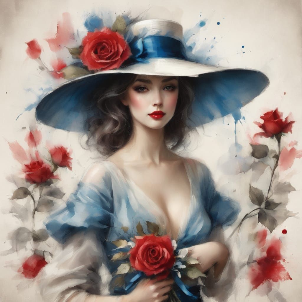 an attractive and elegant woman wearing a large hat with a blue ribbon and red lipstick, and a red rose in her hand