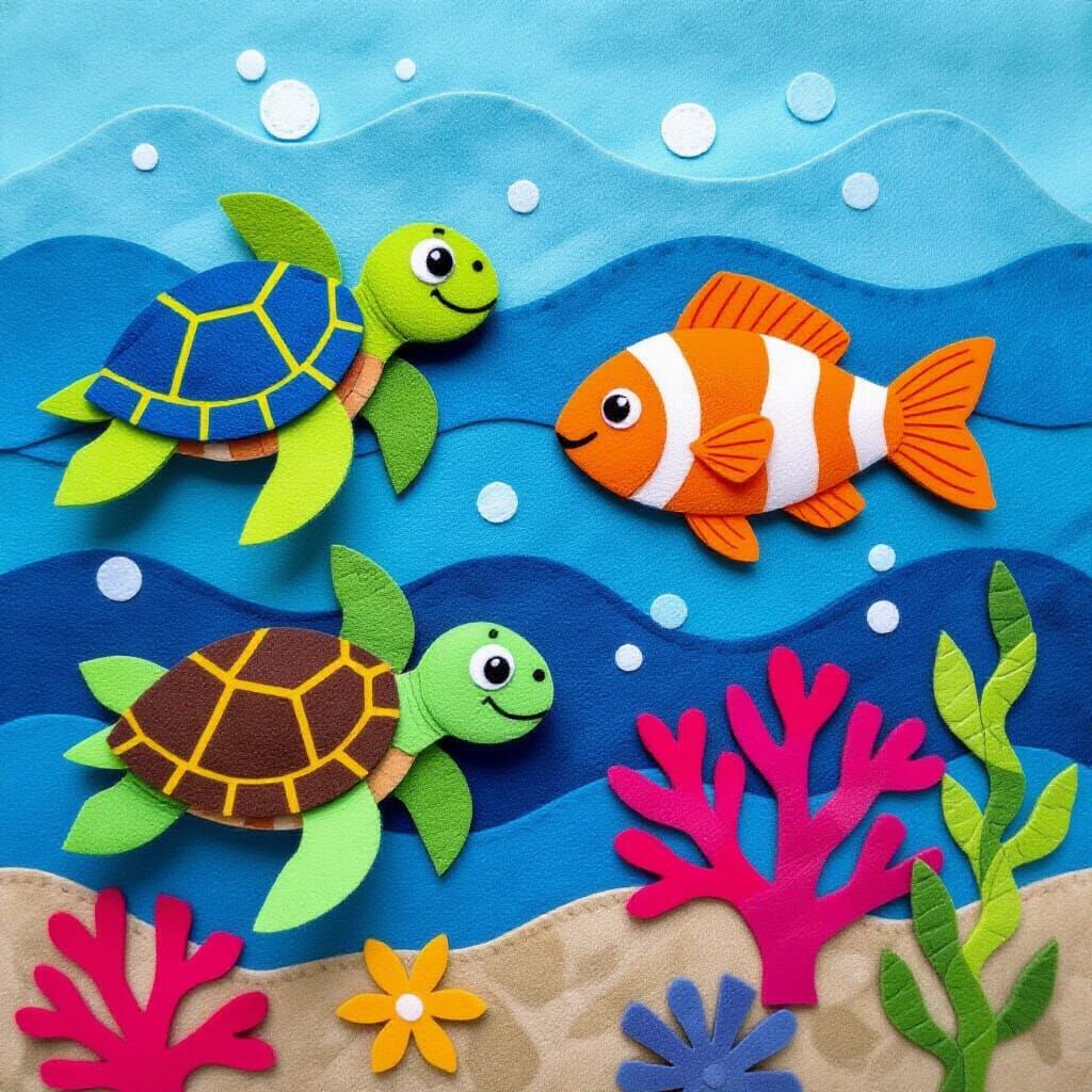 A turtle, fish, and coral all made from colorful felt sheets, layered with different textures. Blue felt waves and bubbles. Cheerful, playfu...