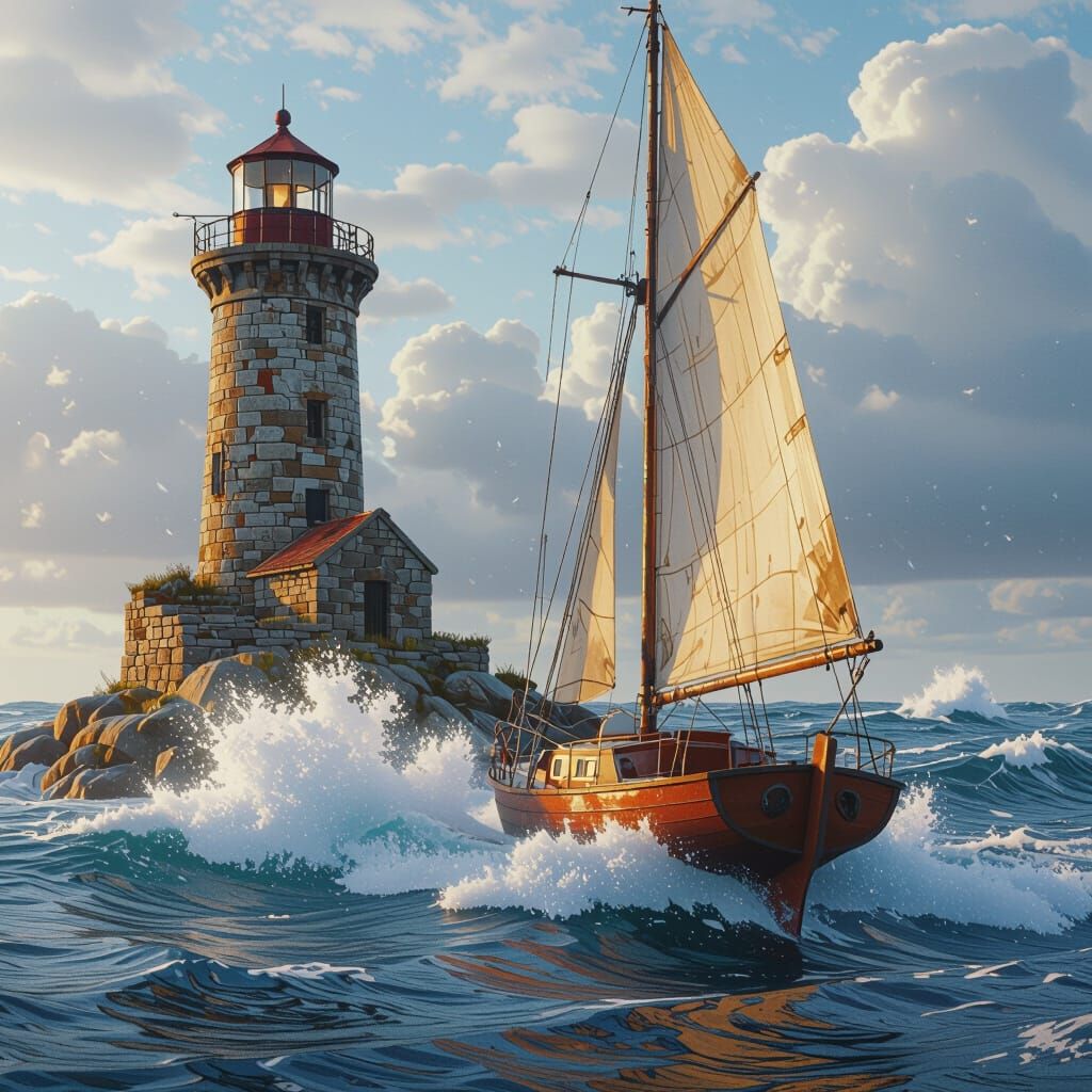 Hyperrealistic portrait of a sailboat in a day with heavy waves passing near a old lighthouse. Make it look as a painting of a professional ...