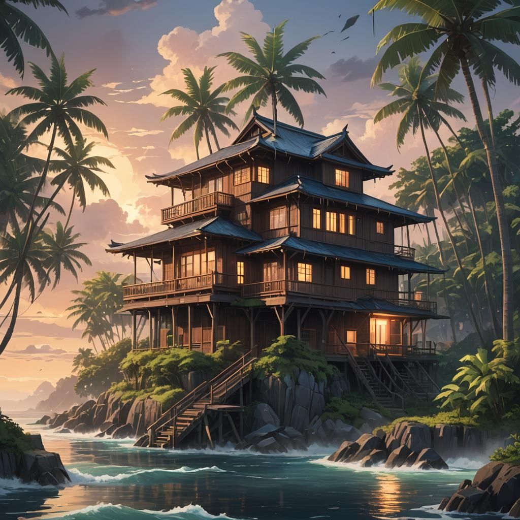 A multi-storey rickety old house on a tiny island in the mid...