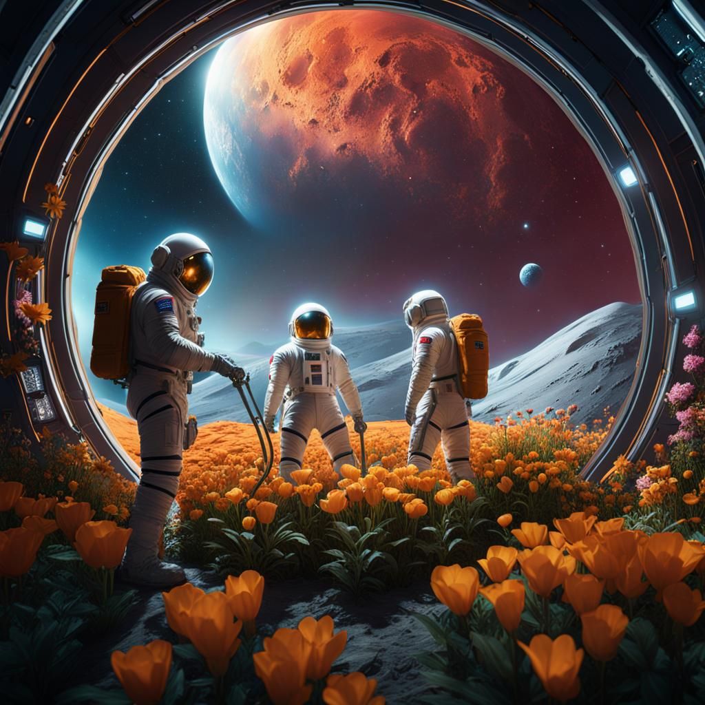 Three men in spacesuits tending to the flowers in a geodesic dome of atmosphere on the moon.  by @vorebidden