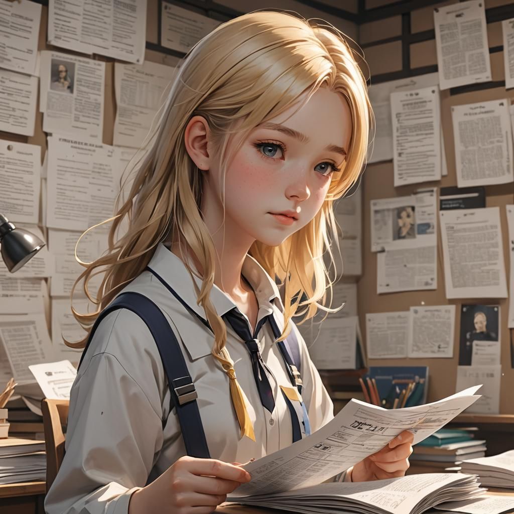 A beautiful 15-year-old, blond  college student reading some...