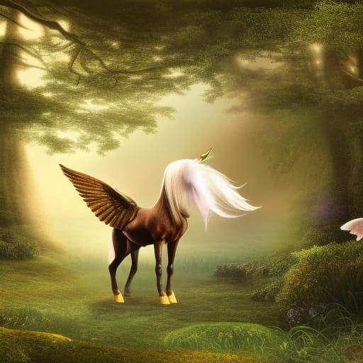 Elegant winged unicorn grazing in a magical forest.
