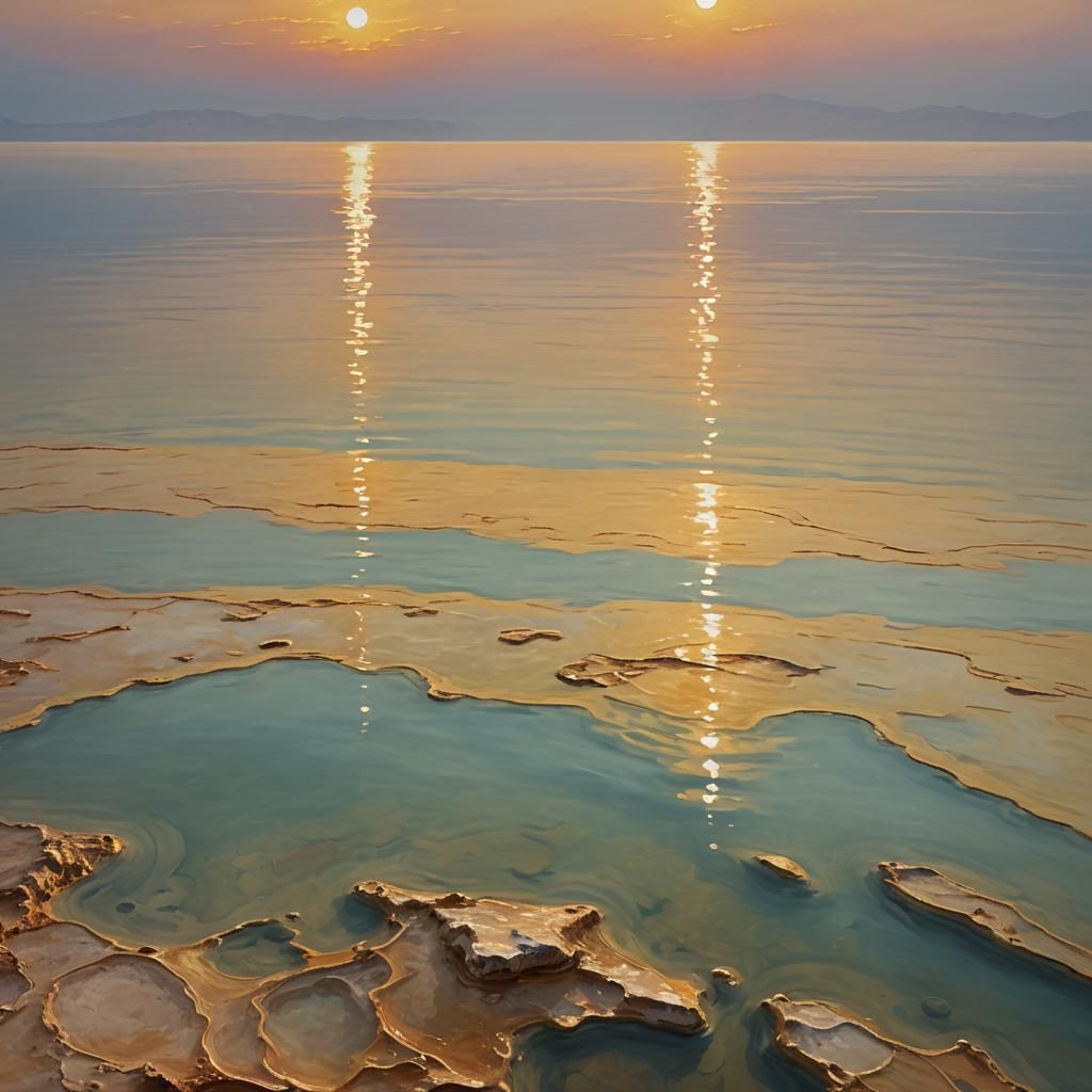 Golden Reflections on the Dead Sea: Oil Painting