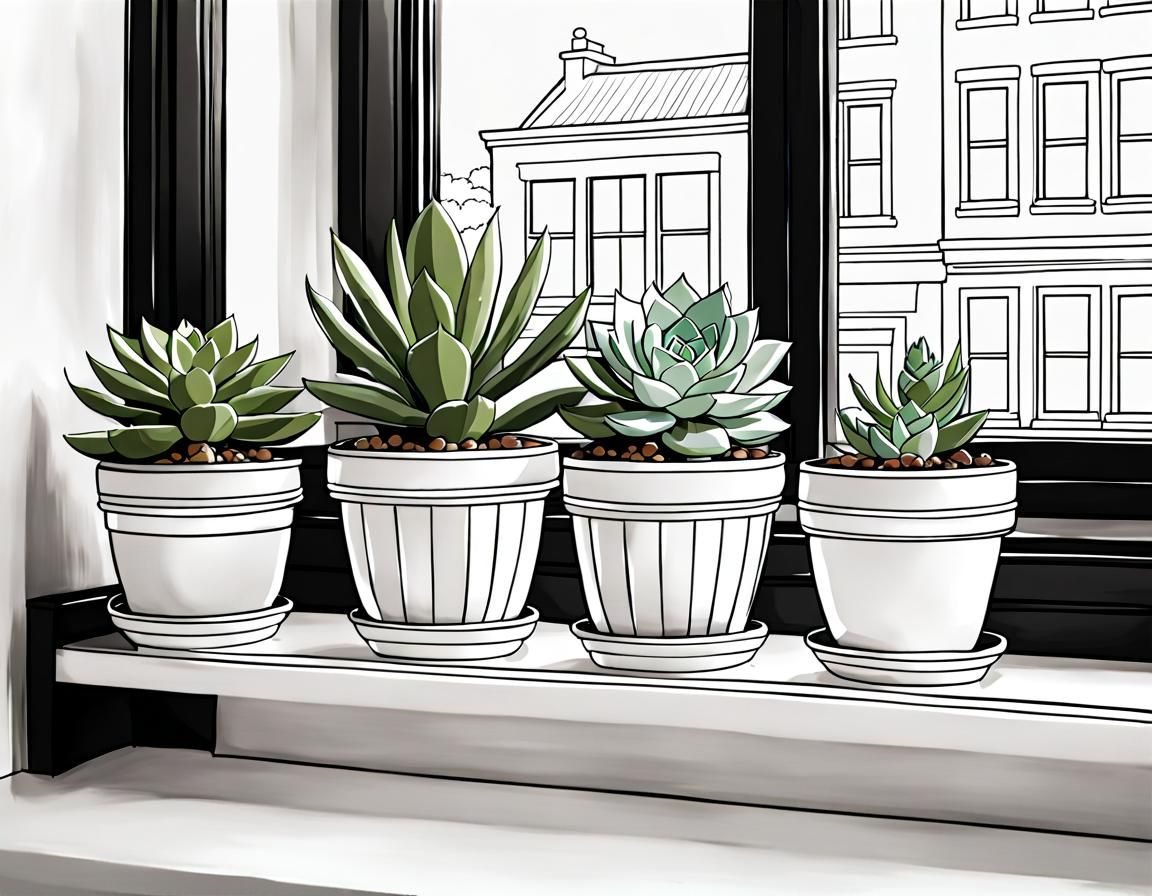 Simple coloring-book line art, simplistic black and white line art page, Cute Succulents, On a Windowsill, lineart, line art details, cartoo...