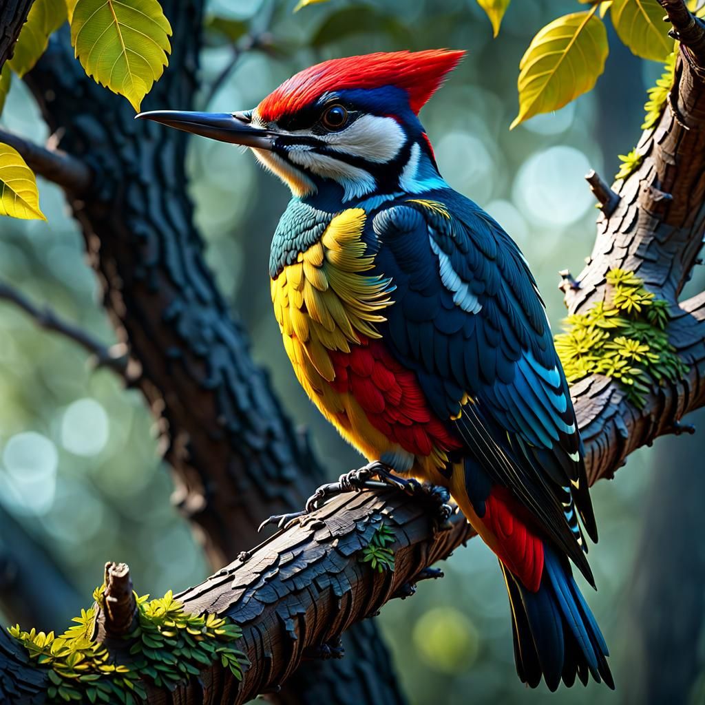 An extremely bright colored woodpecker sitting on a tree branch  by @Dantonio