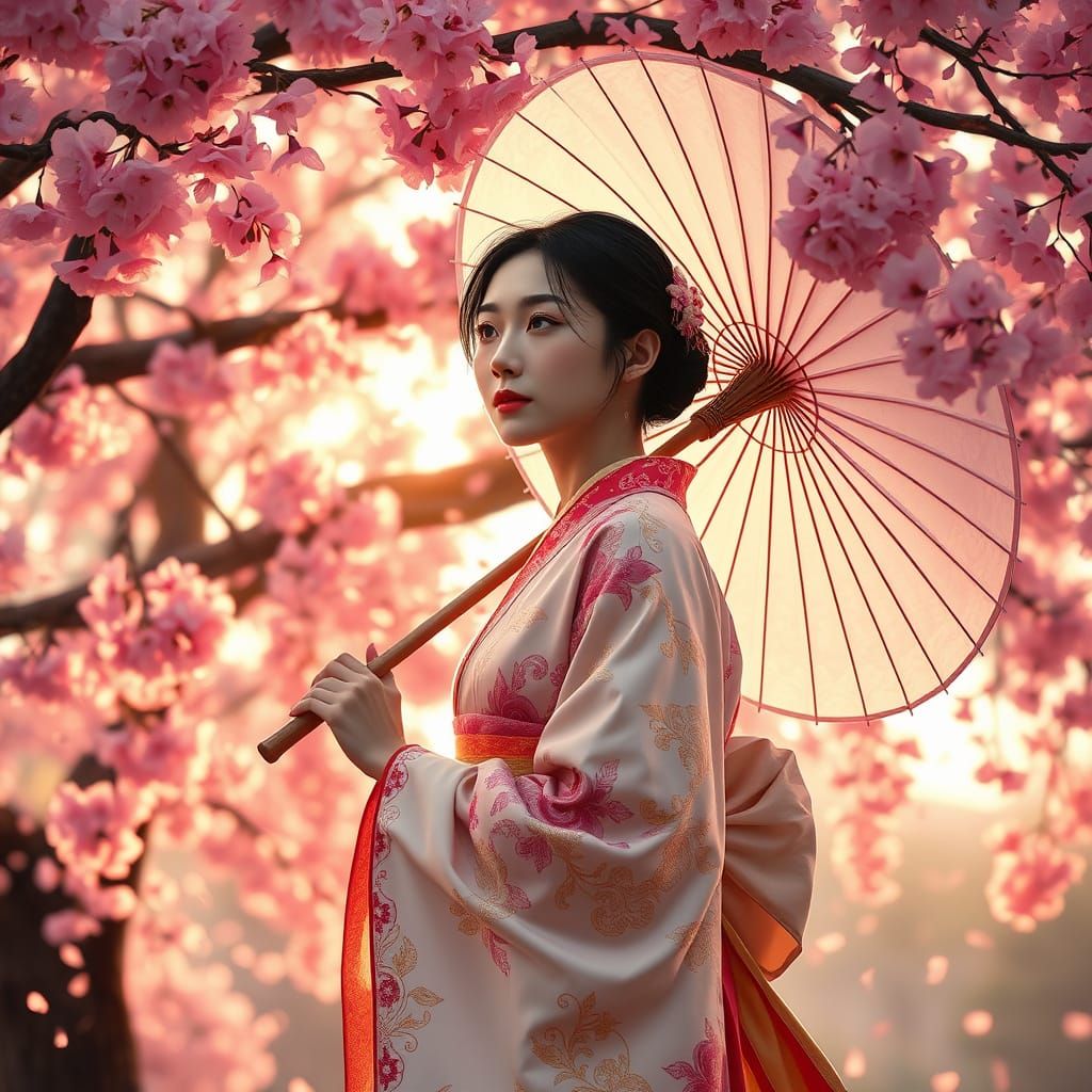 A Serene Young Woman Amidst Vibrant Cherry Blossoms in Tradi...