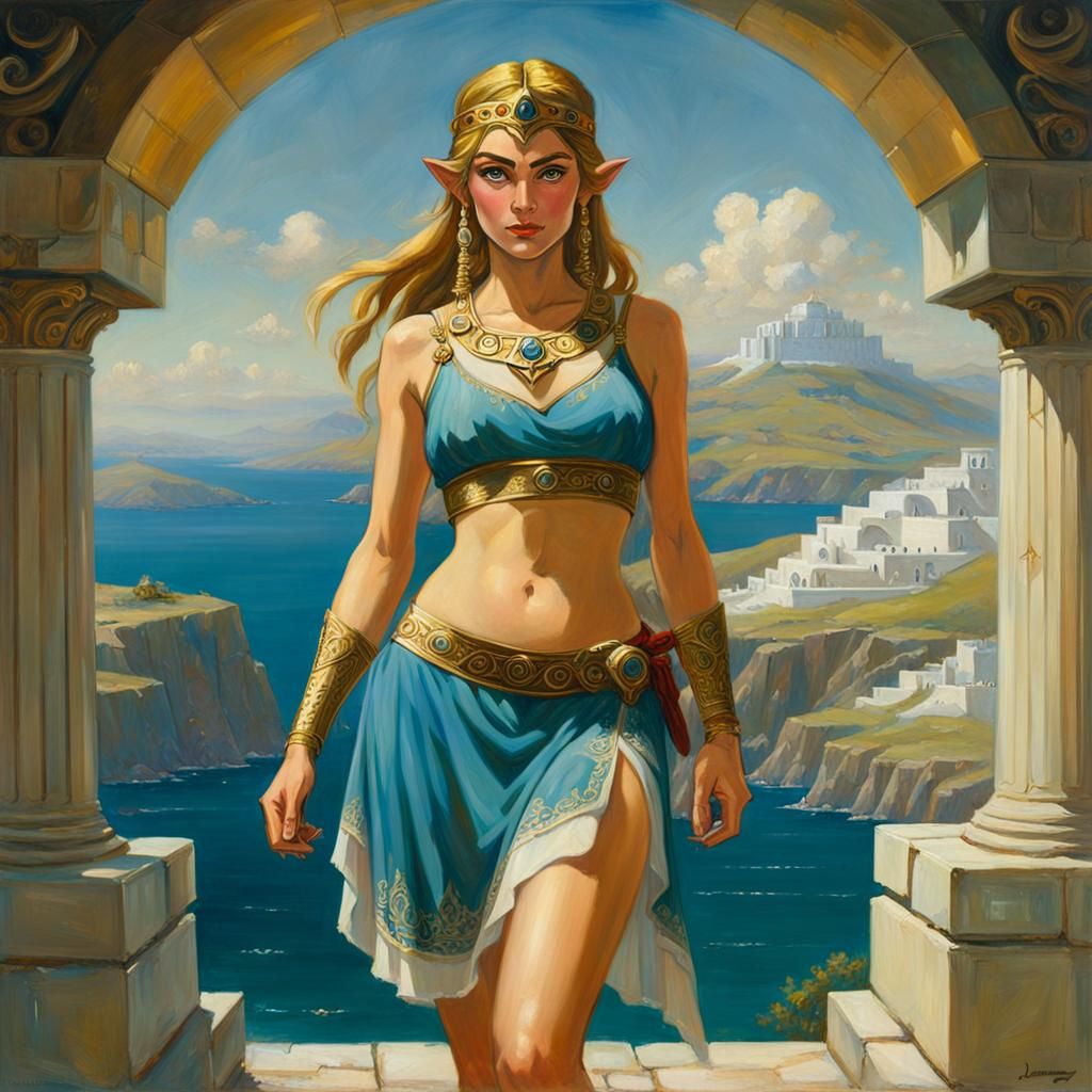 Princess Zelda, skimpy Greek goddess attire, bare midriff
