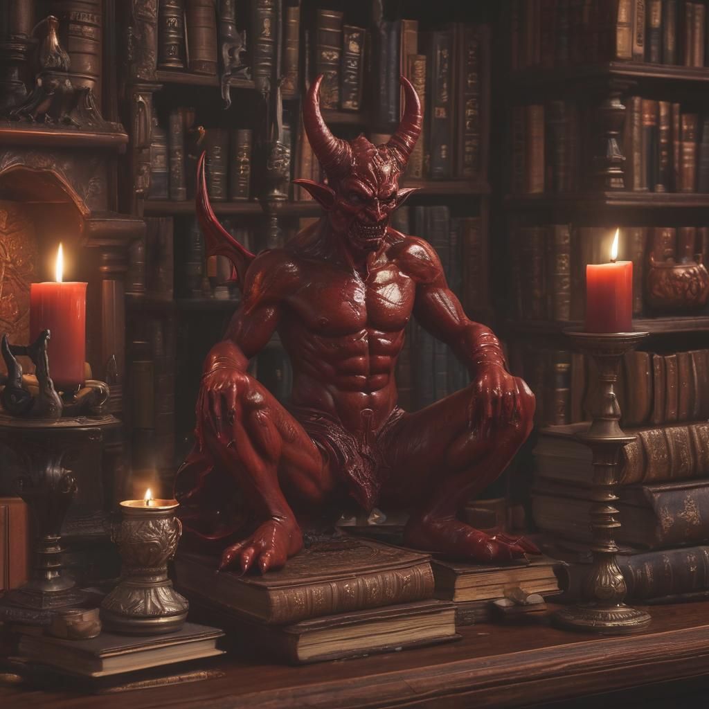 An enameled glass red devil setting on a bookshelf
