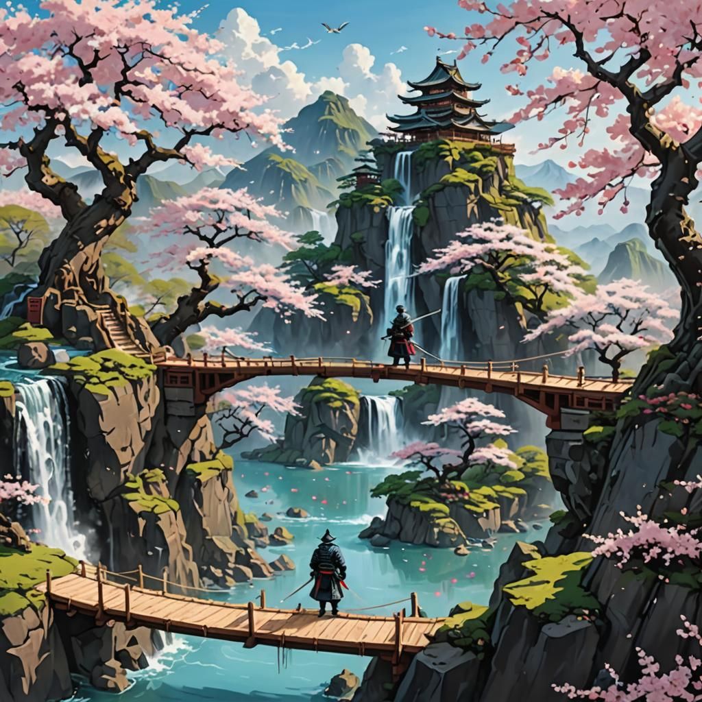 Lonely Samurai in Floating Islands: A samurai standing on a rope bridge ...