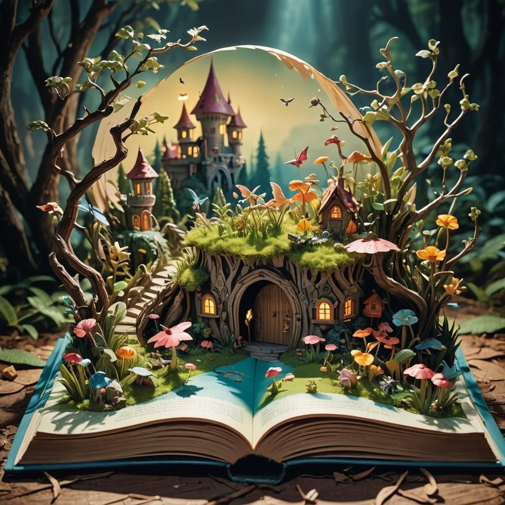 Pop up book, open book with a pop up fairy land sprouting from the pages   by @Feebleeona