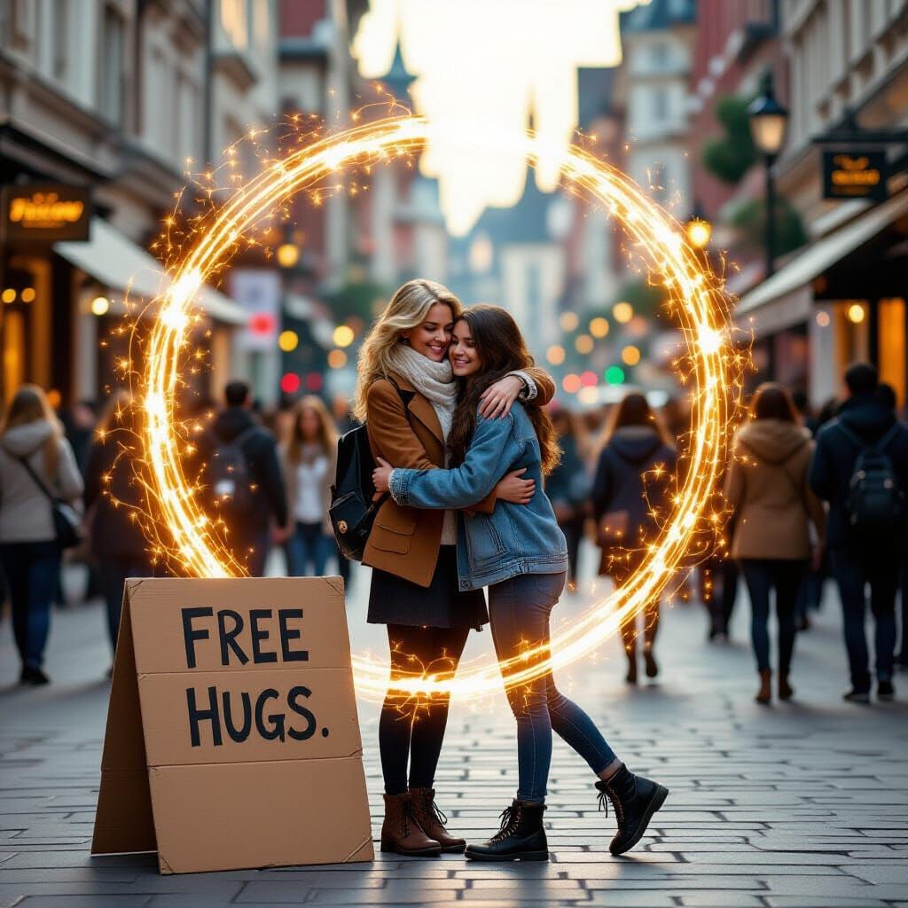 A wide city street filled with a crowd of people. In the middle of the crowd, there is a cardboard sign that reads "Free Hugs". Next to the ...