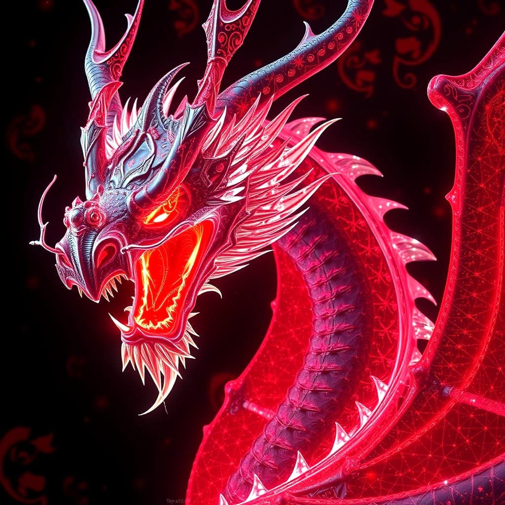 A Dragon that is bioluminescent and ethereal, with filigree, and a black background filled with red designs of filigree. The Dragon is red t...