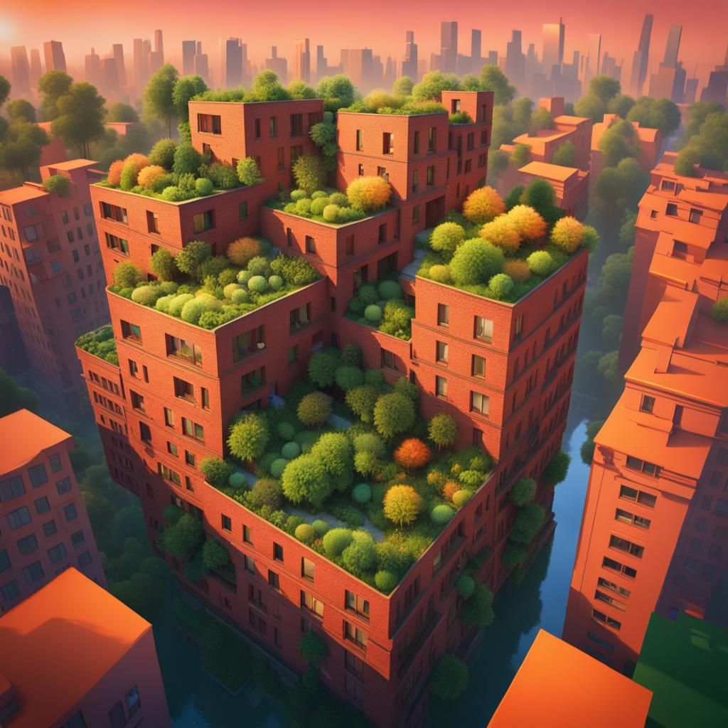 Floating gardens atop brick and mortar buildings, green cities, equal ...