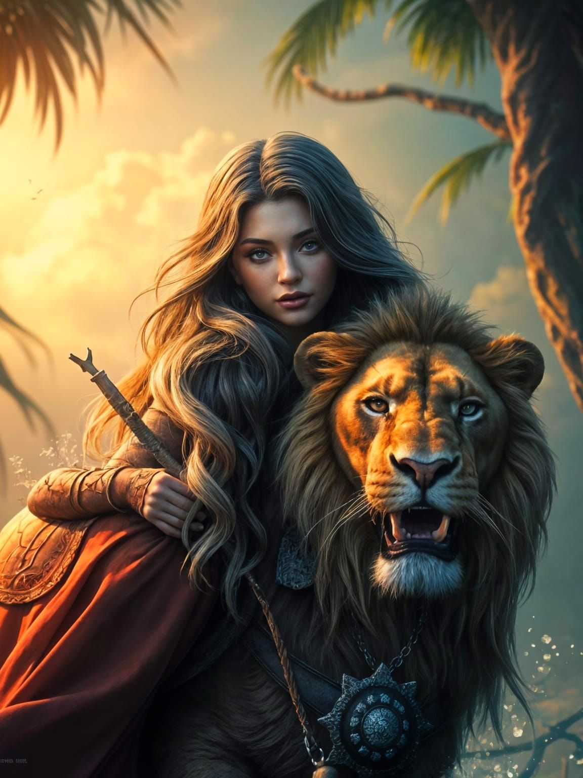 Regal Fantasy Scene with Kylie Jenner and a Lion in a Vibran...