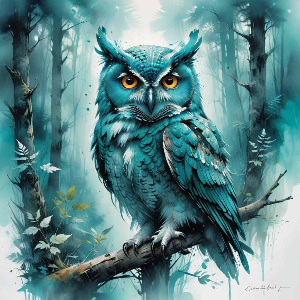 Turquoise Owl in Misty Forest: Watercolor Art  by @Kosh