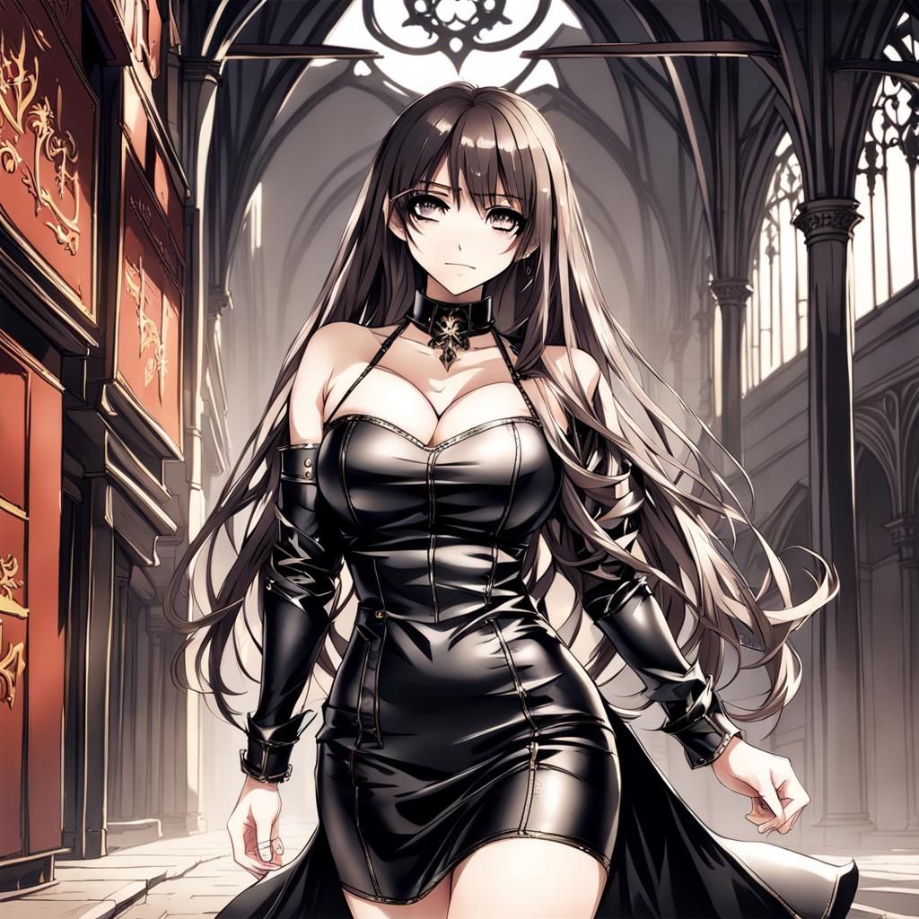 Curvy body, anime, woman, beautiful, skimpy, long hair, leather dress,  gothic - AI Generated Artwork - NightCafe Creator