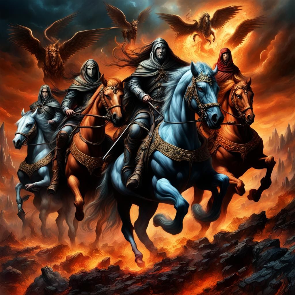 The four horsemen of the apocalypse, each astride a nightmarish steed