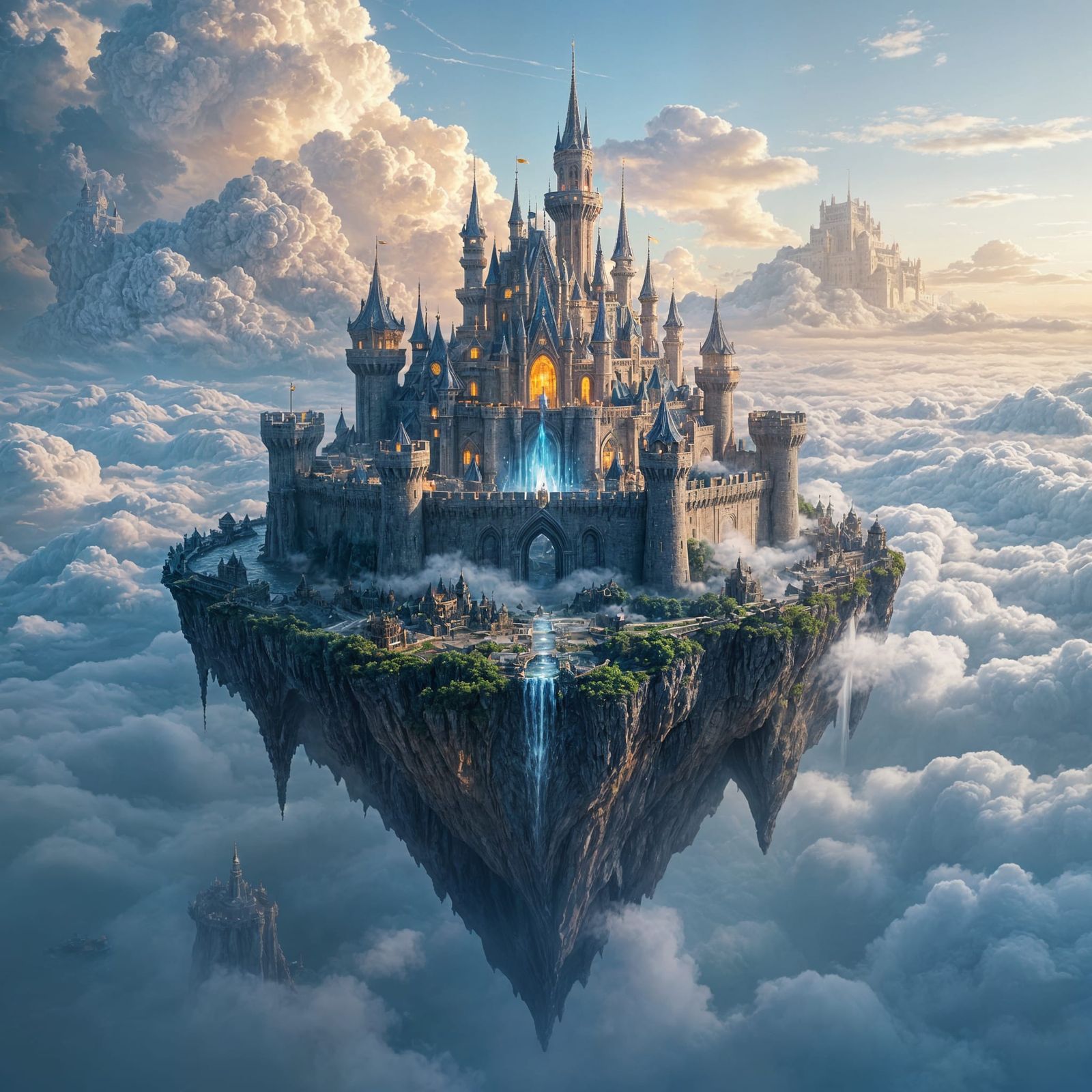 Matte painting. Aerial view. A majestic castle rests upon a colossal floating island, its ramparts adorned ...  by @cook
