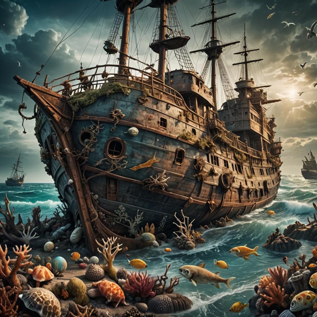 A ship that wrecked in the ocean with sea creatures  and mer...