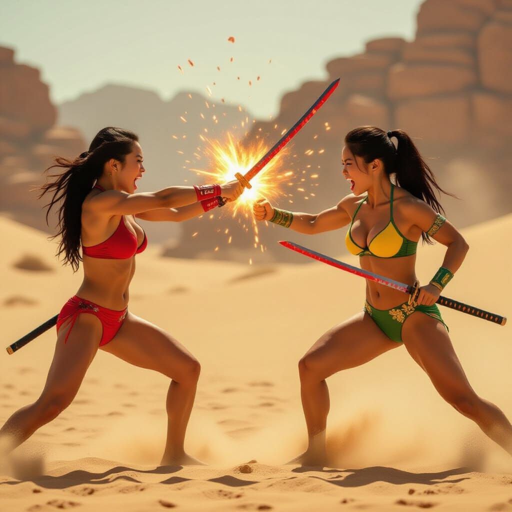 Seorang gadis cantik memakai bikin hitam merah, berbadan tegap dengan gaya berteriak keras, sedang bertarung dengan gadis asia memakai bikin...