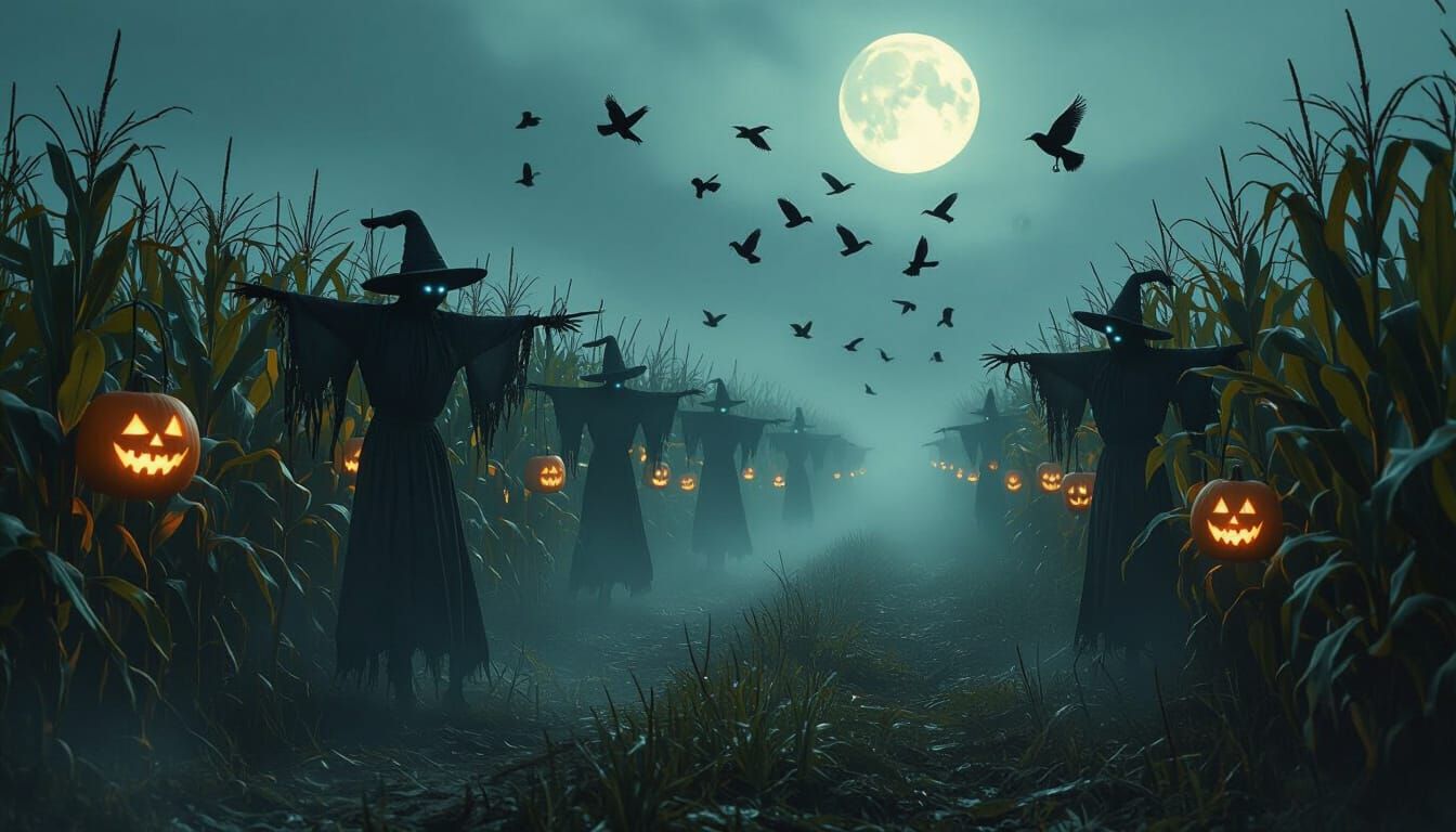 A moonlit cornfield transformed into a ballroom of decay — hundreds of tattered scarecrows suspended by invisible strings, swaying gently to...