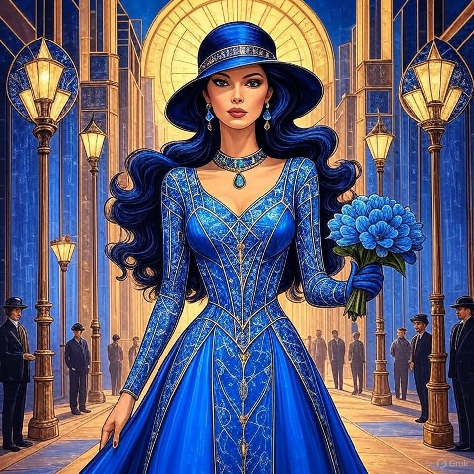 A stylish woman in a 1920s flapper blue dress and cloche blu...