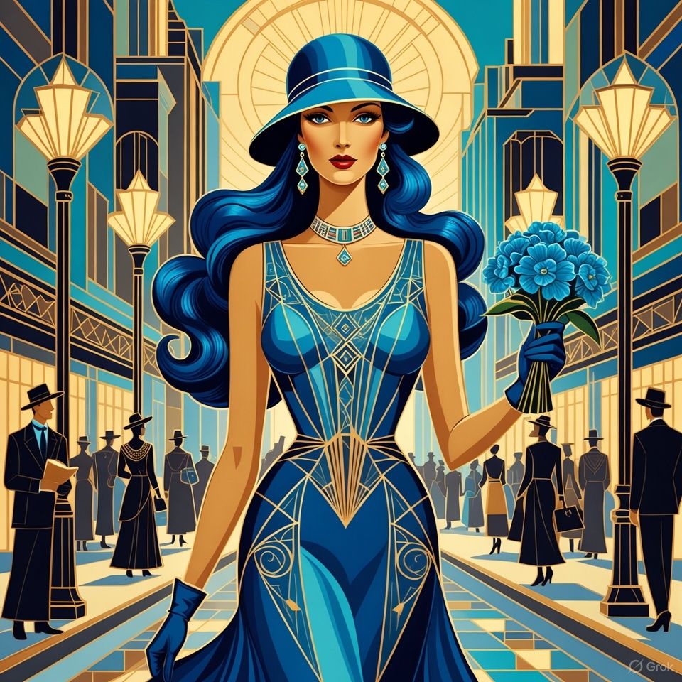 A stylish woman in a 1920s flapper blue dress and cloche blu...