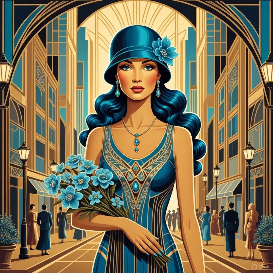 A stylish woman in a 1920s flapper blue dress and cloche blu...