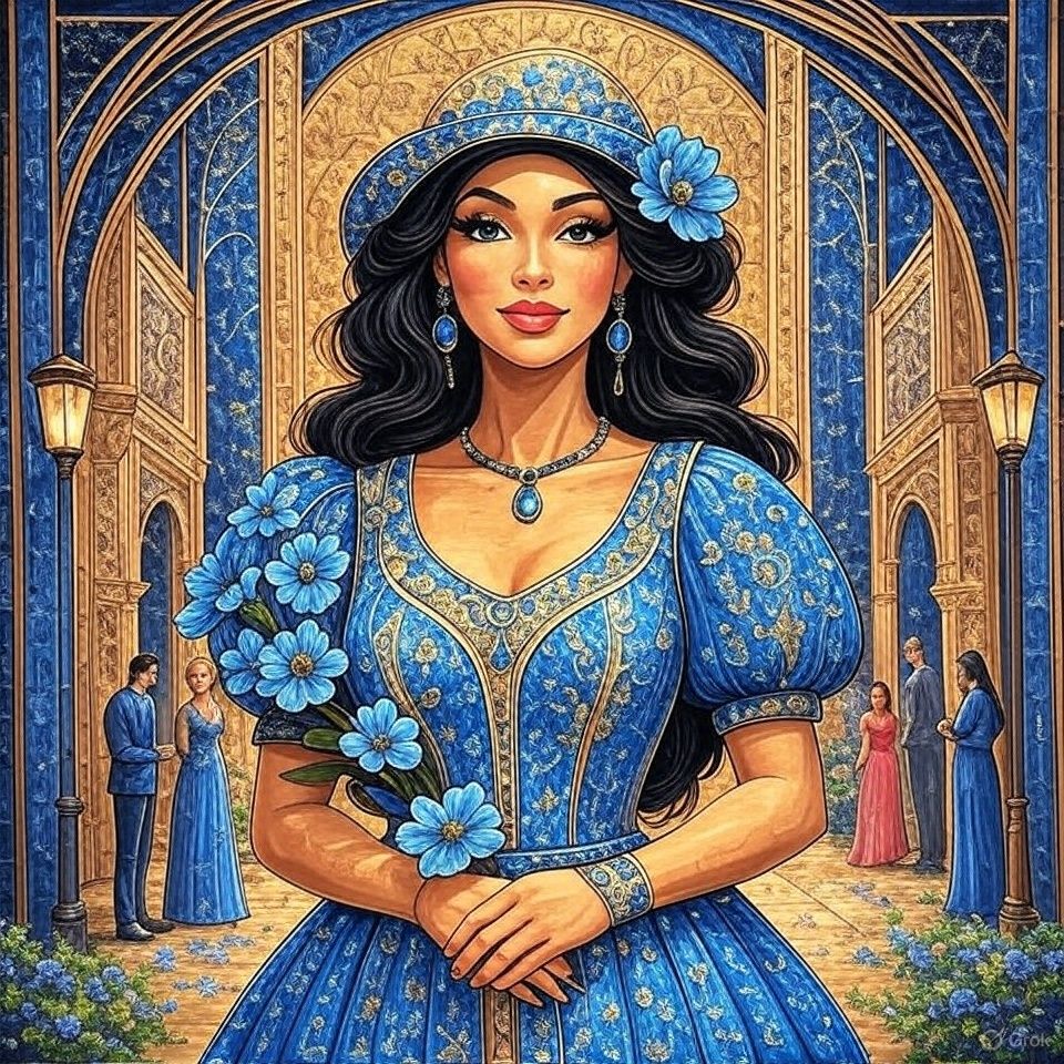 A stylish woman in a 1920s flapper blue dress and cloche blu...