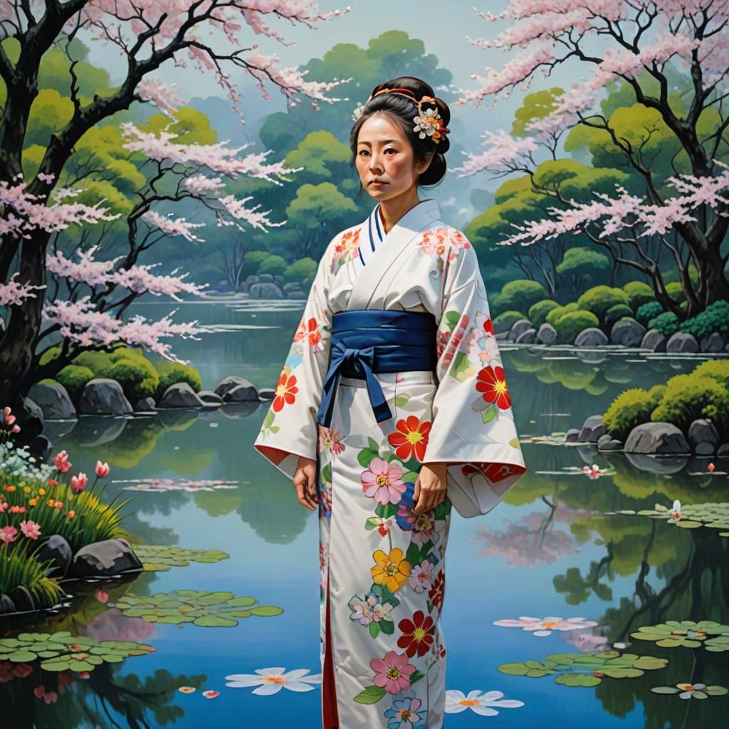 Serene Woman in Misty Lake Landscape