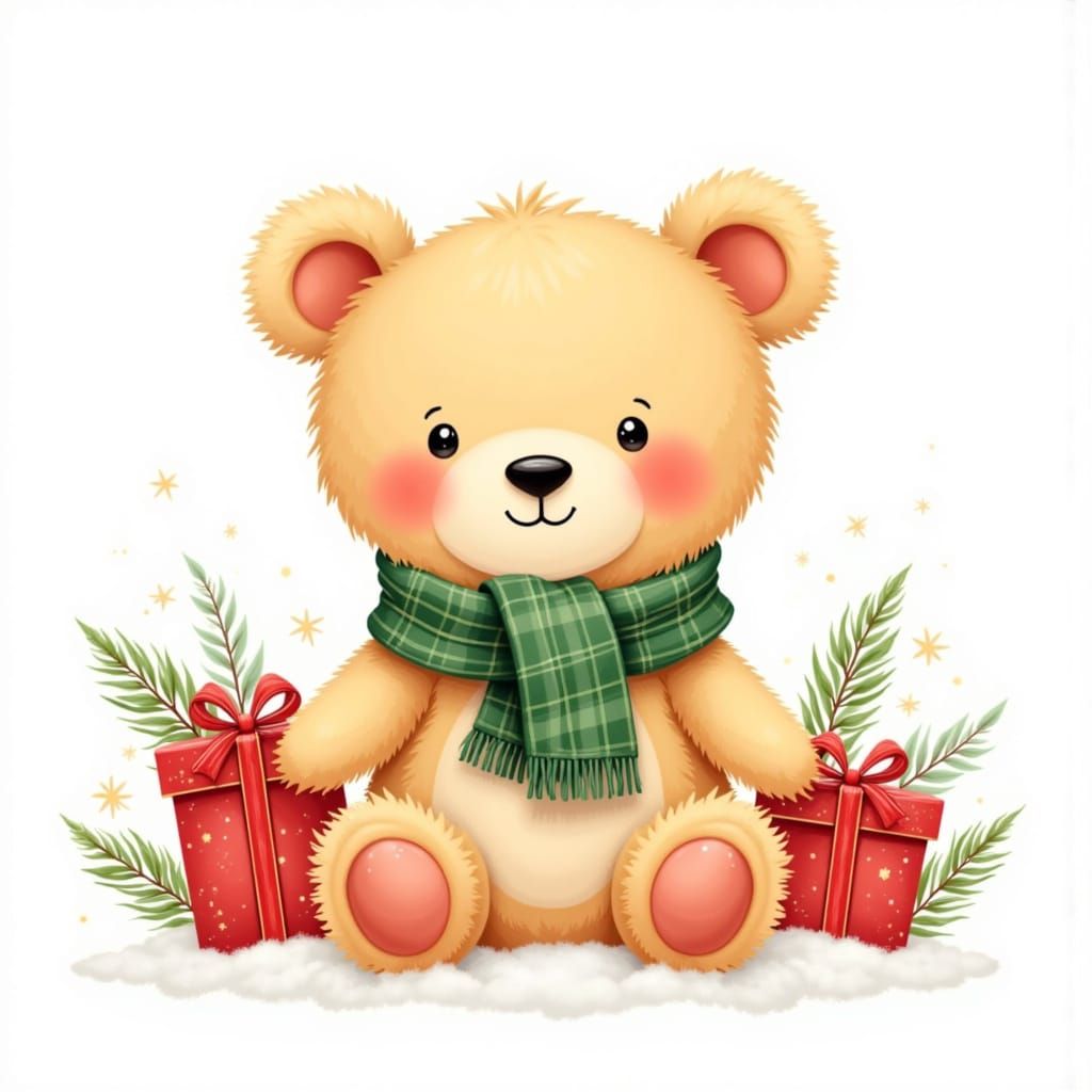 <lora:Christmas Clipart:1.0>A cute teddy bear is sitting upright in the snow with a warm, friendly expression. Its fur is soft and fluffy-lo...